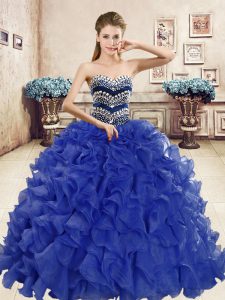 Floor Length Blue Quinceanera Gown Organza Sleeveless Beading and Ruffles