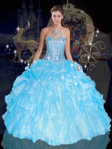 Blue Ball Gowns Sweetheart Sleeveless Organza Floor Length Lace Up Beading and Ruffles 15th Birthday Dress