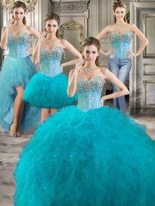 Low Price Four Piece Sleeveless Lace Up Floor Length Beading and Ruffles Quinceanera Gowns