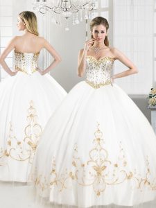 Eye-catching Floor Length White Quinceanera Dress Tulle Sleeveless Beading and Appliques
