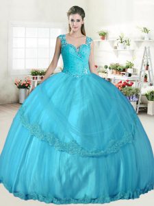 Straps Floor Length Lace Up Sweet 16 Dress Aqua Blue for Military Ball and Sweet 16 and Quinceanera with Beading