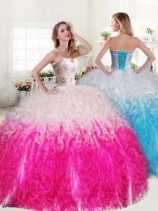 Pink And White Sleeveless Organza Lace Up Quinceanera Dresses for Military Ball and Sweet 16 and Quinceanera