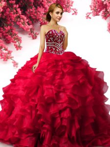 Red Sleeveless Floor Length Beading and Ruffles Lace Up Quinceanera Dresses