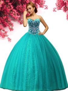 Top Selling Turquoise Tulle Lace Up Quinceanera Dress Sleeveless Floor Length Beading