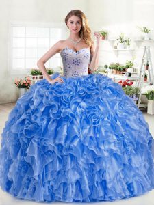 Fine Sweetheart Sleeveless 15th Birthday Dress Floor Length Beading and Ruffles Blue Organza