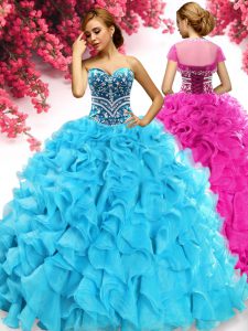 Popular Aqua Blue Organza Lace Up 15 Quinceanera Dress Sleeveless Floor Length Beading and Ruffles