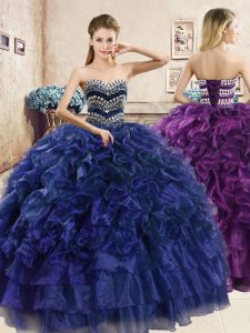 Traditional Navy Blue Organza Lace Up 15 Quinceanera Dress Sleeveless Floor Length Beading and Ruffles