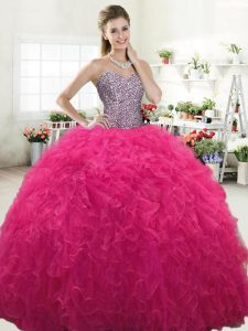 Superior Hot Pink Ball Gowns Beading and Ruffles Quinceanera Gown Lace Up Tulle Sleeveless Floor Length