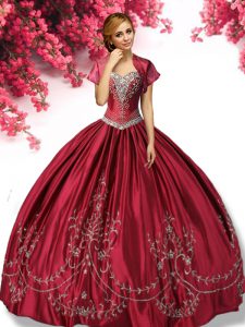Custom Made Wine Red Taffeta Lace Up Ball Gown Prom Dress Sleeveless Floor Length Embroidery