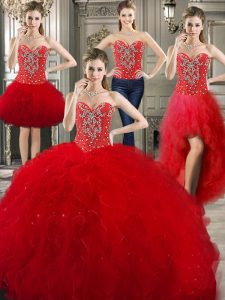 Four Piece Sweetheart Sleeveless Sweet 16 Dresses Floor Length Beading and Ruffles Red Tulle