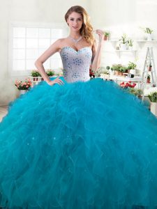 Floor Length Lace Up Sweet 16 Quinceanera Dress Teal for Military Ball and Sweet 16 and Quinceanera with Beading and Ruf