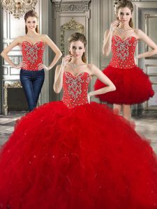 Gorgeous Three Piece Red Ball Gowns Beading and Ruffles Ball Gown Prom Dress Lace Up Tulle Sleeveless Floor Length