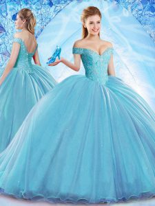 Comfortable Off the Shoulder Aqua Blue Sleeveless With Train Beading Lace Up 15 Quinceanera Dress
