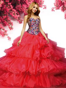 Sweetheart Sleeveless Sweet 16 Dress With Brush Train Beading and Ruffled Layers Red Organza