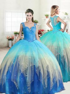 Cheap Straps Tulle Sleeveless Floor Length Quinceanera Dress and Beading and Ruffles
