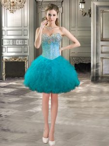 Beading and Ruffles Prom Dresses Teal Lace Up Sleeveless Mini Length