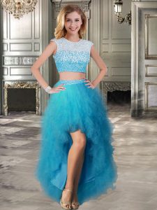 Scoop Teal Tulle Lace Up Prom Party Dress Cap Sleeves High Low Beading and Ruffles