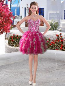 Great Mini Length Ball Gowns Sleeveless Fuchsia Evening Dress Lace Up