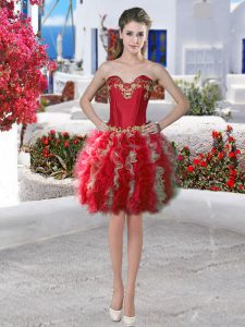 Trendy Sweetheart Sleeveless Prom Dresses Mini Length Appliques and Ruffles Red Organza