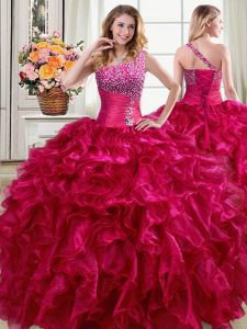 Adorable Fuchsia Quinceanera Gowns Military Ball and Sweet 16 and Quinceanera and For with Beading and Ruffles One Shoul