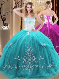 Fantastic Aqua Blue Quinceanera Gown Military Ball and Sweet 16 and Quinceanera and For with Embroidery Strapless Sleeve