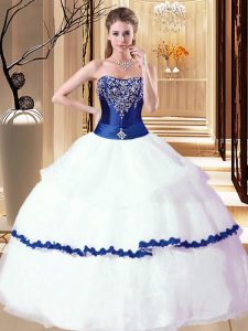 Modest White and Royal Blue Sleeveless Beading and Ruffled Layers Floor Length 15 Quinceanera Dress