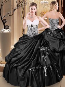 Black Taffeta Lace Up Sweet 16 Dress Sleeveless Floor Length Appliques and Pick Ups