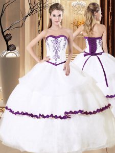 Pretty White Organza Lace Up Quinceanera Dress Sleeveless Floor Length Embroidery