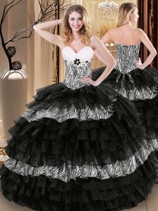 Low Price Black Ball Gowns Sweetheart Sleeveless Organza and Printed Floor Length Lace Up Ruffled Layers and Pattern Swe