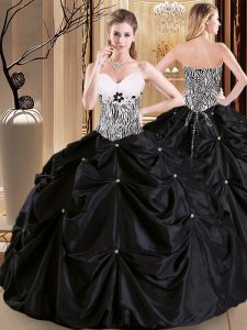 Floor Length Black Sweet 16 Dresses Satin and Taffeta Sleeveless Pick Ups