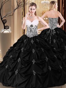 Suitable Black Sleeveless Floor Length Appliques and Pick Ups and Pattern Lace Up Quinceanera Dresses