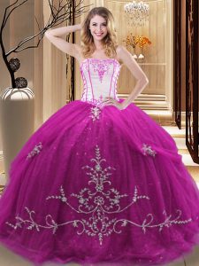 Sleeveless Floor Length Embroidery Lace Up 15 Quinceanera Dress with Fuchsia