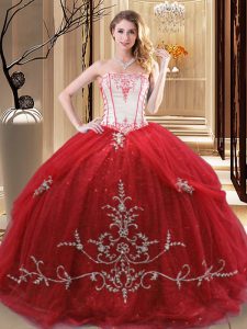 Exquisite Strapless Sleeveless Sweet 16 Dresses Floor Length Embroidery Red Tulle