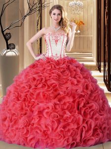Floor Length Coral Red Sweet 16 Dresses Fabric With Rolling Flowers Sleeveless Embroidery and Ruffles