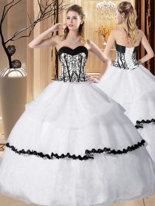 Floor Length White Sweet 16 Dress Organza Sleeveless Embroidery and Ruffled Layers