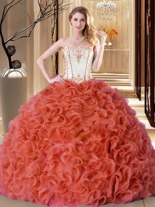 Embroidery and Ruffles Quinceanera Dress Rust Red Lace Up Sleeveless Floor Length
