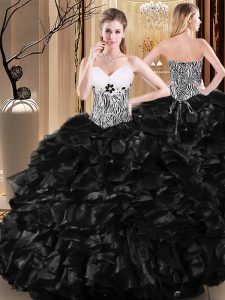 Dramatic Black Ball Gowns Tulle Sweetheart Sleeveless Ruffles and Pattern Floor Length Lace Up 15th Birthday Dress