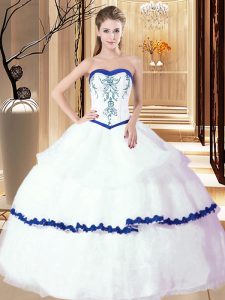 White Ball Gowns Embroidery and Ruffled Layers 15th Birthday Dress Lace Up Organza Sleeveless Floor Length