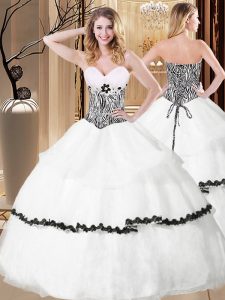 Organza Sweetheart Sleeveless Lace Up Ruffled Layers and Pattern Quinceanera Gown in White