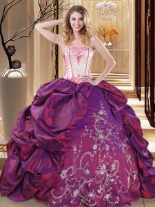 Unique Sleeveless Taffeta Floor Length Lace Up Quinceanera Dress in Purple with Embroidery
