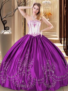 Most Popular Floor Length Lace Up 15th Birthday Dress Purple for Military Ball and Sweet 16 and Quinceanera with Embroid