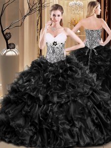 Black Ball Gowns Ruffles Vestidos de Quinceanera Lace Up Organza Sleeveless Floor Length
