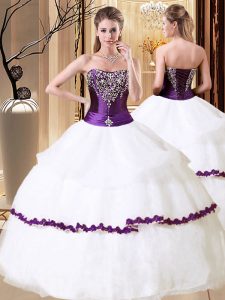 White Sleeveless Organza Lace Up Ball Gown Prom Dress for Military Ball and Sweet 16 and Quinceanera