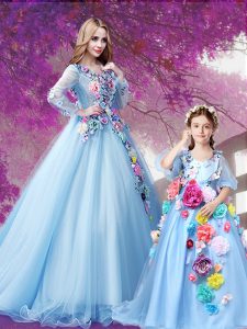 V-neck Long Sleeves Organza 15 Quinceanera Dress Beading and Hand Made Flower Sweep Train Lace Up